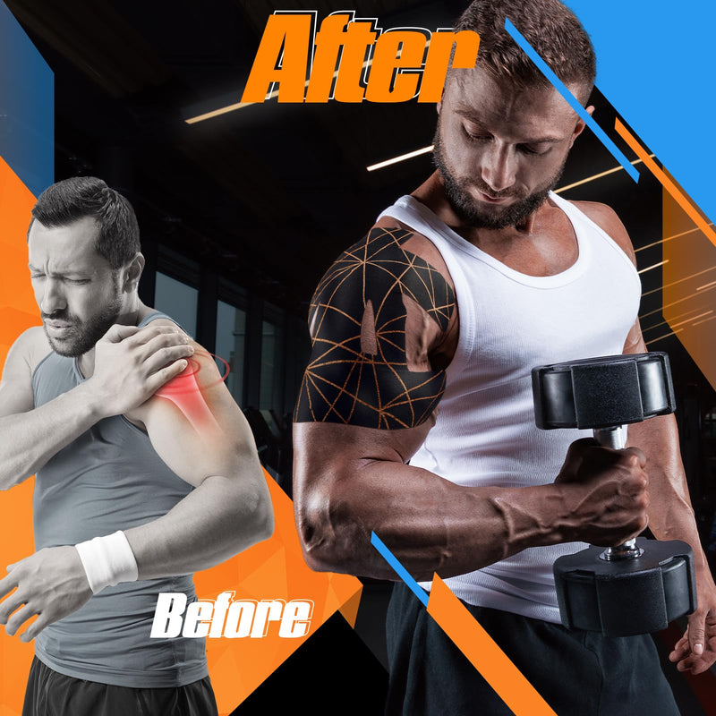 Geiserailie 20 Pcs Precut Kinesiology Tape for Shoulder, Pain Relief Pre Cut Sports Waterproof Breathable Enhance Elastic Copper Infused Kinesiology Athletic Tape for Body Support and Muscle Black