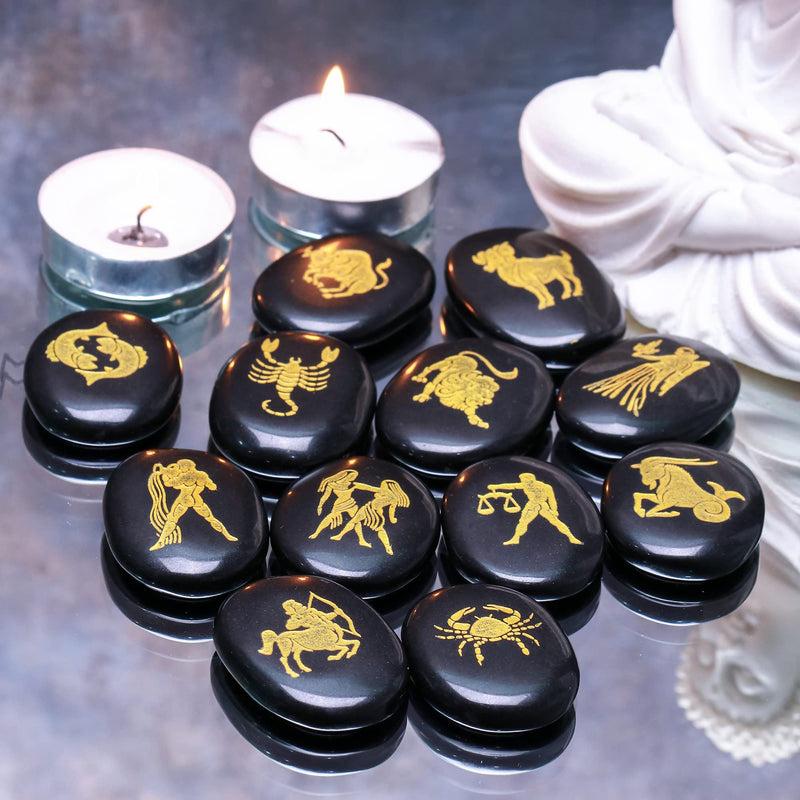 Crocon Black Agate Zodiac or Horoscope Symbols Engraved Stones (Set of 12) | Wicca Reiki Healing Crystals Meditation Balancing Gemstone Good Luck Pocket Stone Spiritual Love Crystal Sun Sign Gift. Zodiac stones