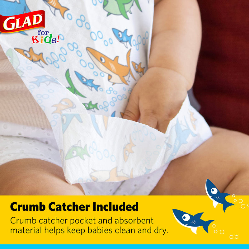 [Australia] - Glad for Kids Sharks Paper Bibs, 30 Count - Disposable Paper Bibs with Cute Sharks Design for Kids - Travel Bibs for Kids - Art & Craft Disposable Kids Bibs 30 Count (Pack of 1) 