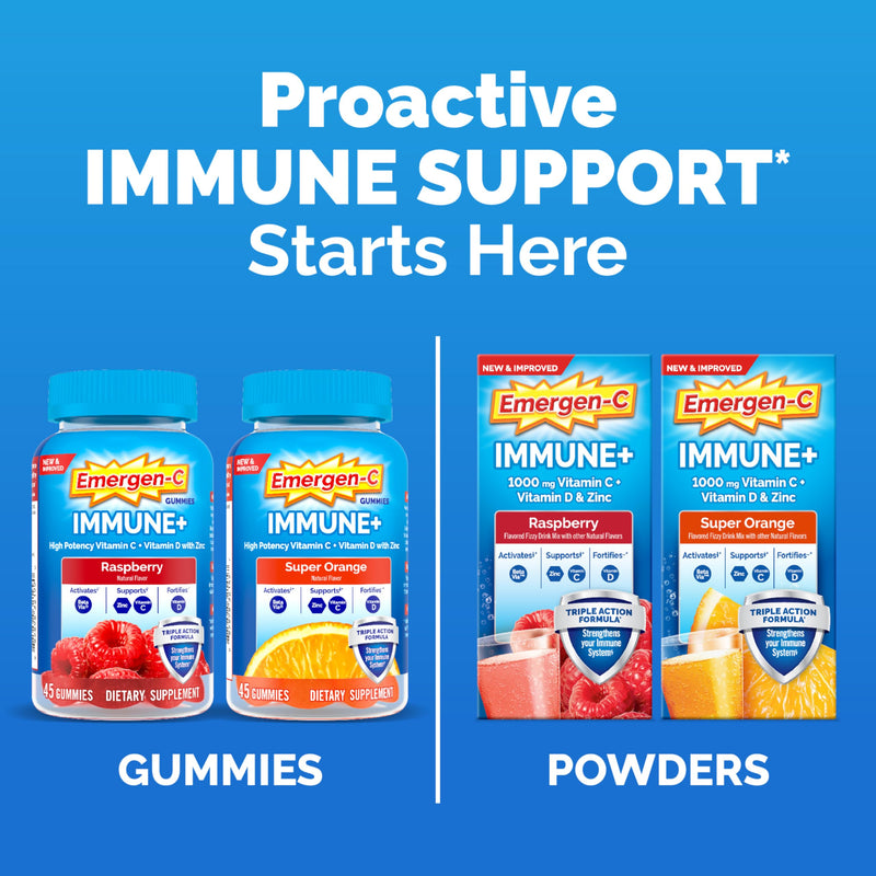 [Australia] - Emergen-C Immune+ Triple Action Immune Support Powder, BetaVia (R), 1000mg Vitamin C, B Vitamins, Vitamin D and Antioxidants, Super Orange, Back to School Essentials ‚Äì 30 Count 