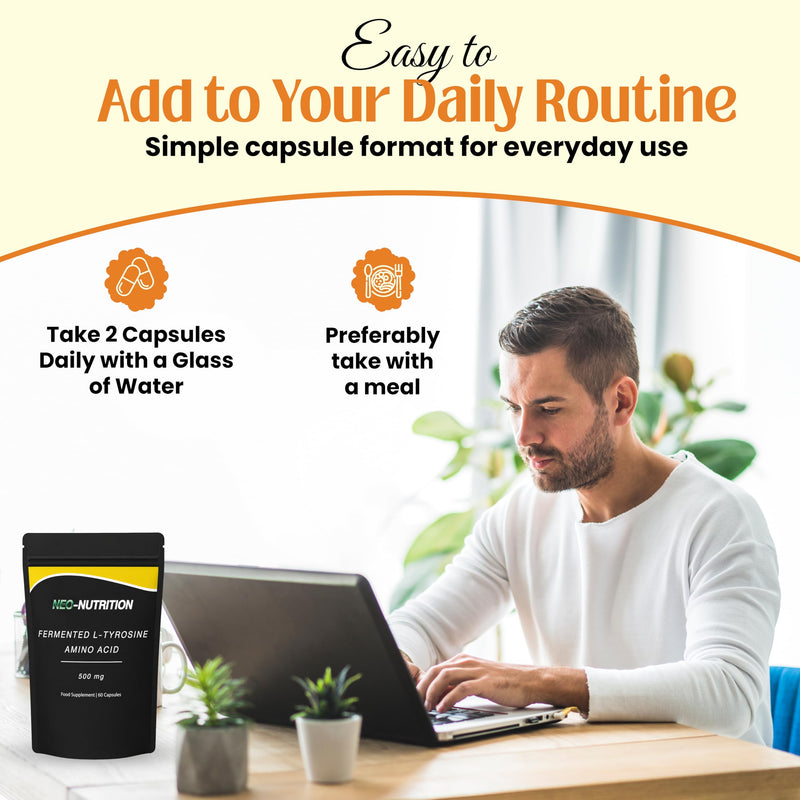 Fermented L-Tyrosine 500mg 60 Vegan Capsules - Essential Amino Acid Support – 1 Month Supply – High Strength L Tyrosine Supplement - No Artificial Preservatives