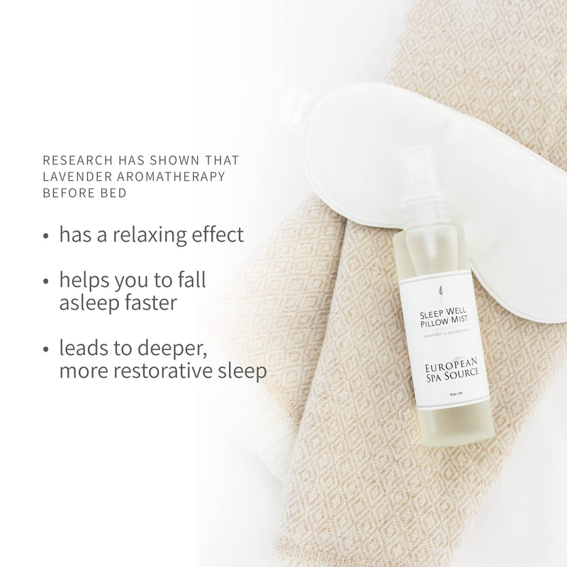 Sleep Well Eucalyptus + Lavender Pillow Mist Spray for Aromatherapy, At Home Spa Experience, Tension Relief, Sleep Support, and Relaxation, 4 fl oz.
