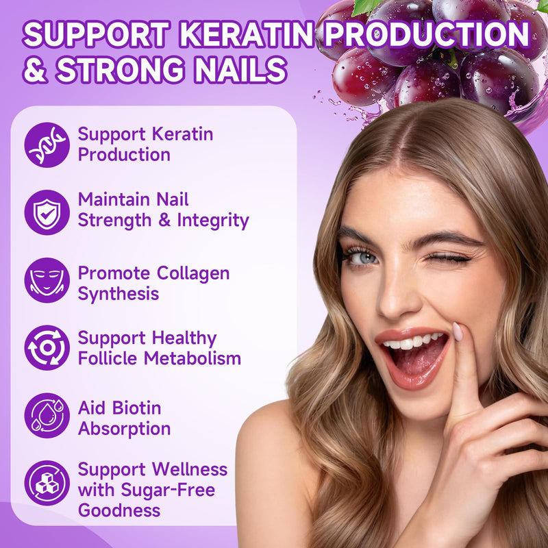 Sugar Free Biotin Hair, Skin & Nails Gummies, Supports Healthy Hair, Skin and Stronger Nails, with Vitamin C, Zinc Chewable Vitamin B7 Supplements for Women & Men, Vegan, Non-GMO, Grape, 60 Count 60 Count (Pack of 1)