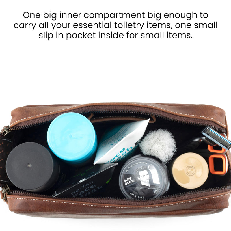 Leather Toiletry Bag for Men - Genuine Full Grain Leather Dopp Kit “Golden Oak” - Large Travel Shaving Kit Organizer Grooming Bag