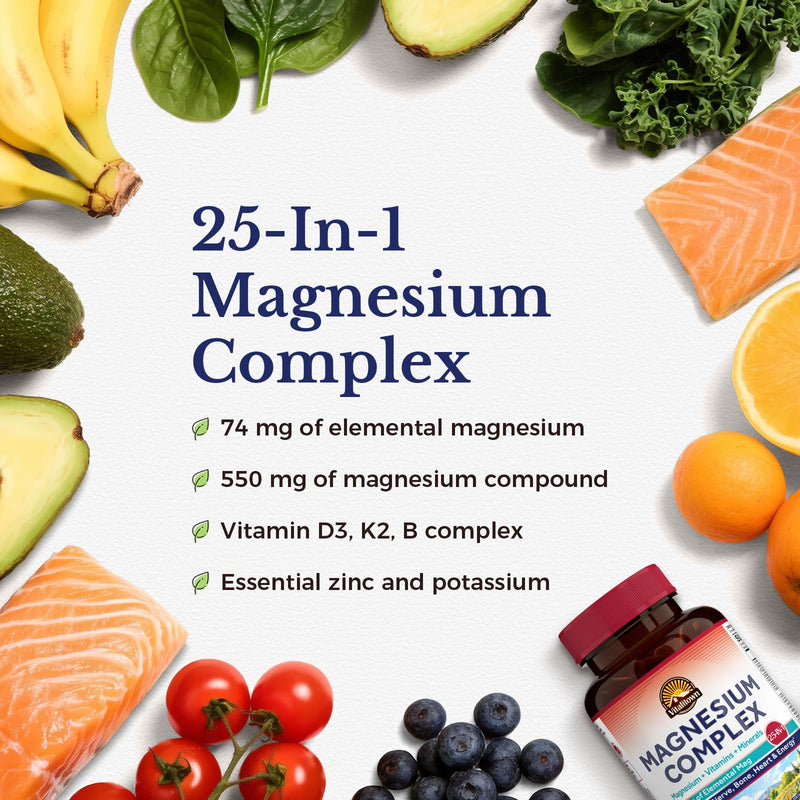 Vitalitown 25-in-1 Magnesium Complex, 74mg, Magnesium Glycinate, Malate, Taurate, Vitamin C, D3, K2, B Complex, Gentle & High Absorption, Non-GMO, 120 Capsules 120 Count (Pack of 1)