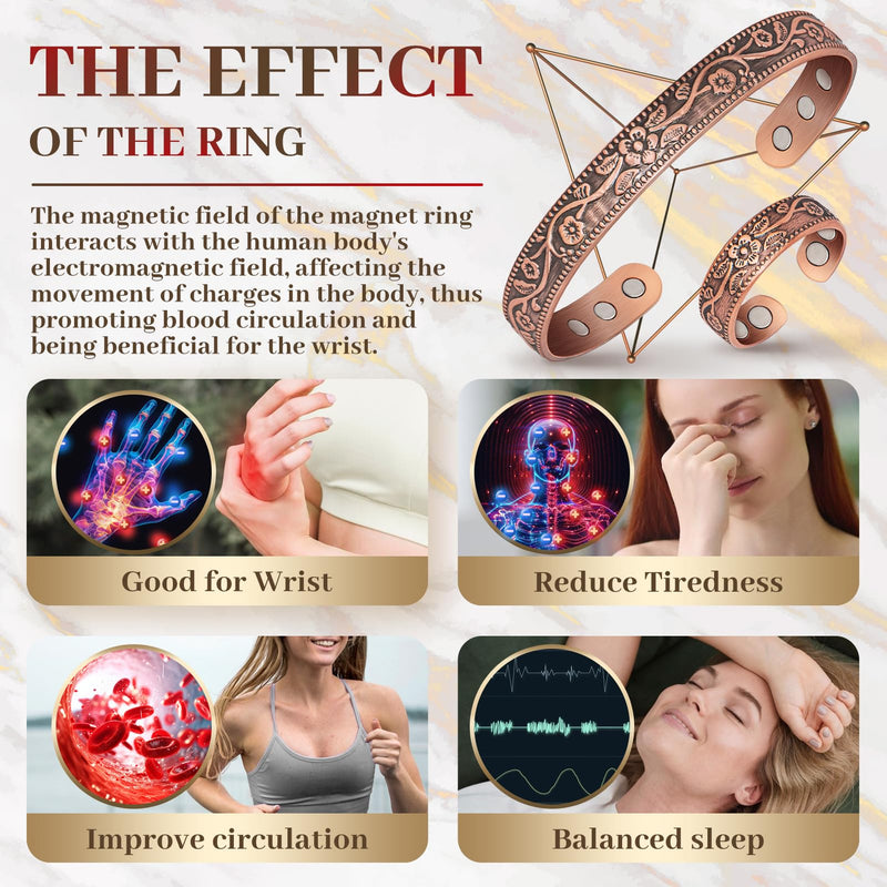 [Australia] - Copper Bracelet for Women, Magnetic Bracelets & Magnetic Rings with 3500 Gauss Magnets, 100% Solid Pure Copper Jewelry Gift Copper-Vintage Flower 