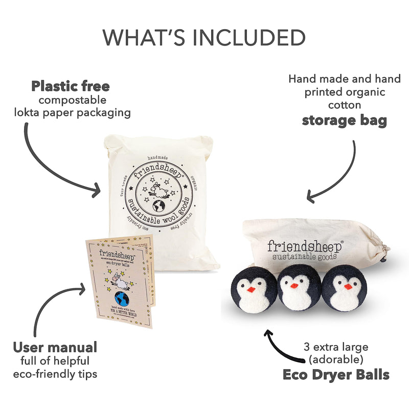 [Australia] - Wool Dryer Balls by Friendsheep 3 Pack XL Organic Premium Reusable Cruelty Free Handmade Fair Trade No Lint Fabric Softener Penguin Trio 