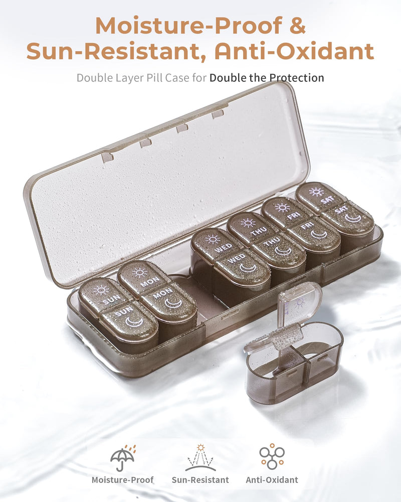 Pillex Weekly Pill Organizer 2 Times a Day, 7-Day AM PM Pill Box, Travel Pill Case, Medicine Pill Organizer for Fish Oils, Vitamins & Supplements Brown
