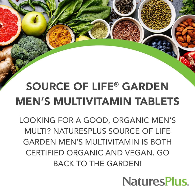 NaturesPlus Source of Life Garden Men Once a Day - Organic Vegan Multivitamin for Men - Energy, Immunity, T Booster - Zinc, Selenium, Pomegranate, Lycopene - Gluten Free - 30 Tablets 30 count (Pack of 1)