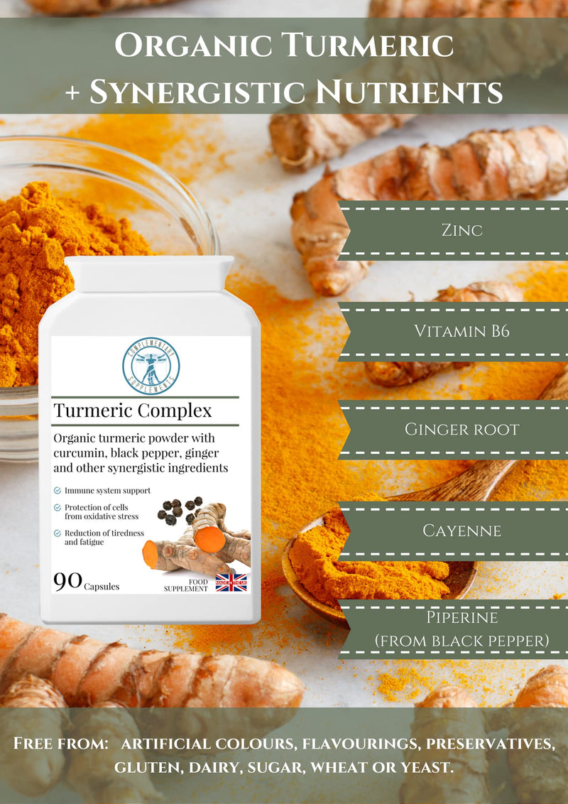 Organic Turmeric Complex High Strength – Curcumin with Ginger, Black Pepper (Piperine), Cayenne, Zinc & Vitamin B6 – Joint & Immune Support – 90 Vegan Capsules