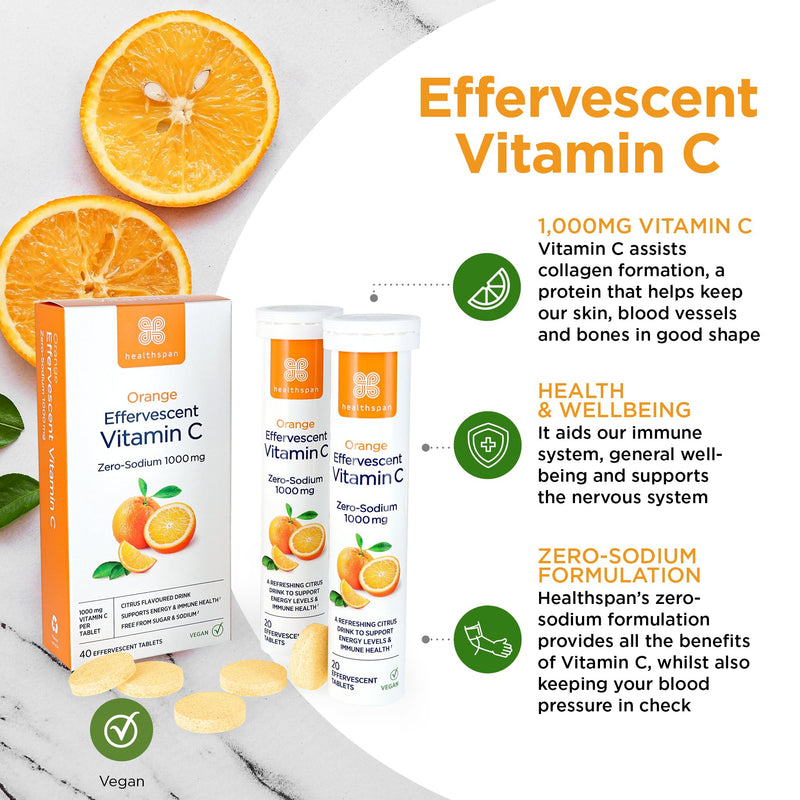 Healthspan Orange Effervescent Vitamin C 1,000mg (40 Tablets) | Supports Immune & Nervous Systems | Maintain Good Energy Levels | Zero-Sodium to Help Maintain Normal Blood Pressure | Vegan