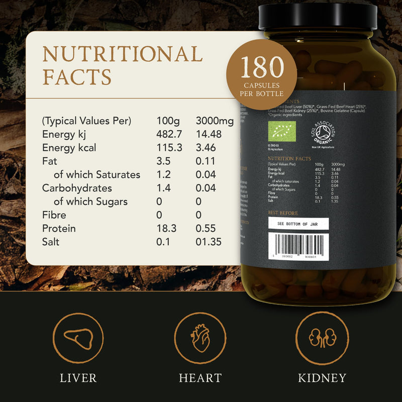 APE Nutrition Organic Beef Organs | 180 Capsules | 100% Grass Fed Liver Kidney Heart Organ Premium Ancestral Supplement | No Antibiotics Hormones or GMOs Regular