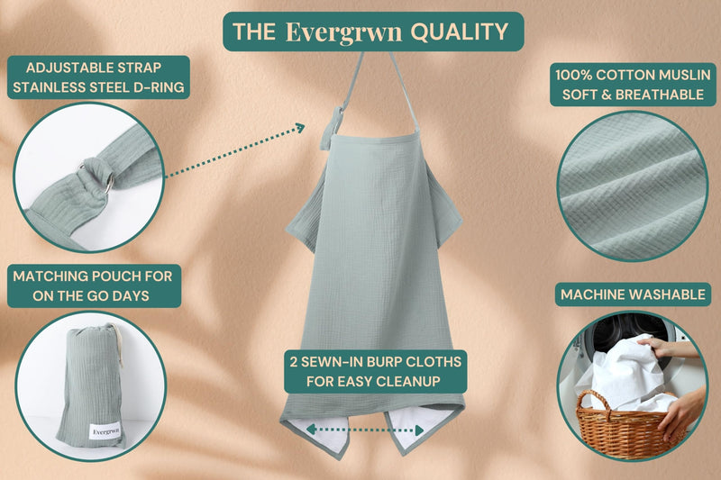 [Australia] - SUPERIOR DESIGN Evergrwn Multi-use Privacy Nursing Cover Up for Breastfeeding, 100% Cotton Breathable Nursing Cover with Arch Neckline, Muslin Breastfeeding Cover, Baby Essentials (Sage Green) Evergrwn Dream (Sage Green) 