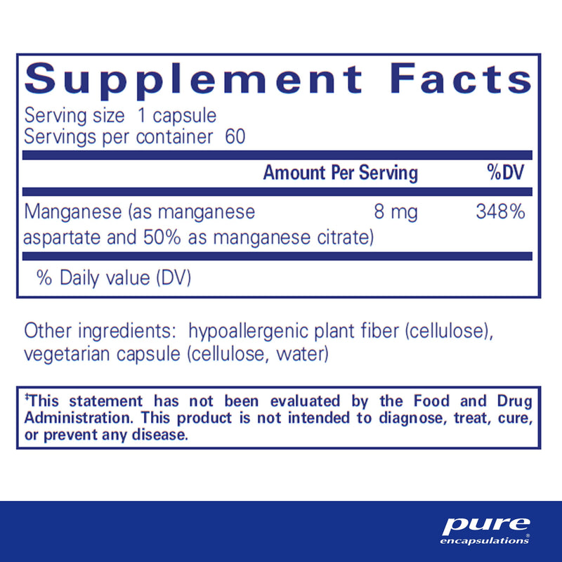 [Australia] - Pure Encapsulations Manganese (Aspartate/Citrate) | Hypoallergenic Trace Mineral Supplement for Connective Tissue and Bones | 60 Capsules 60 Count (Pack of 1) 