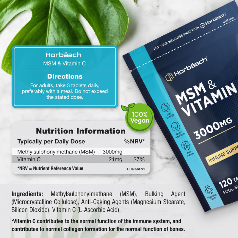 MSM Supplements 3000mg with Vitamin C | High Strength Methylsulfonylmethane MSM with VIT C | 120 Vegan Tablets (Not Capsules) | By Horbaach