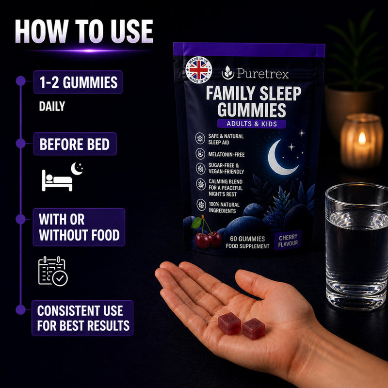 Puretrex Sleep Gummies for Kids and Adults, 60 Cherry Gummies, Natural Calming Blend with Magnesium Ashwagandha L-Theanine Chamomile Passionflower, No Melatonin, Sugar Free, Vegan, UK Made