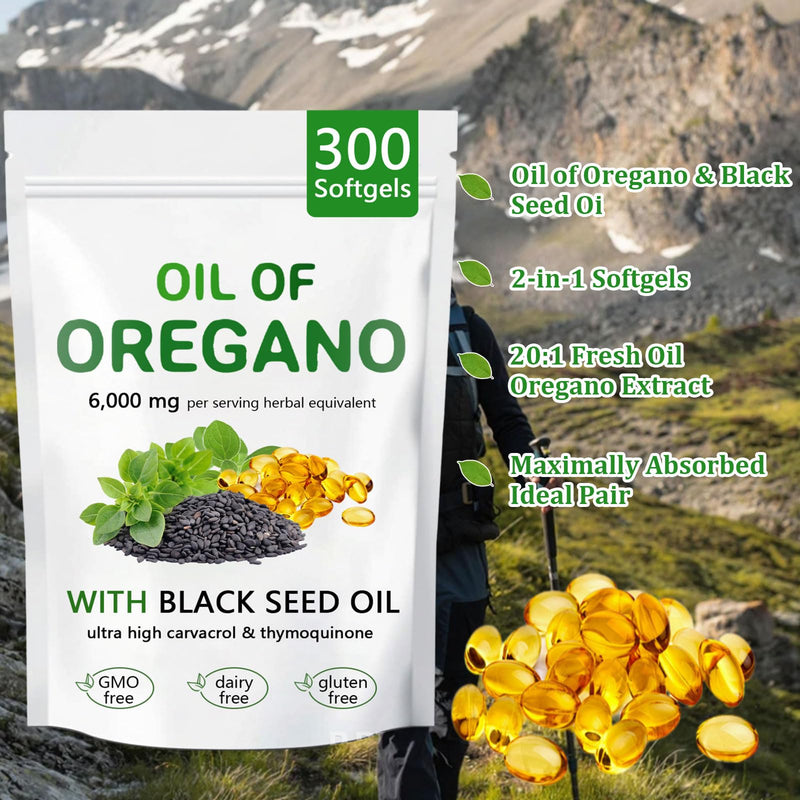 [Australia] - Oil of Oregano with Black Seed Oil, 2 in 1 Organic Oregano Capsules for Immune Support & Overall Wellness, Non-GMO, Gluten Free, 300 Softgel 