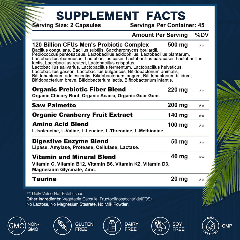 [Australia] - Probiotics for Men Digestive Health, 120 Billion CFUs Mens Probiotic with Digestive Enzymes & Prebiotics & Saw Palmetto & Cranberry for Gut, Prostate & Urinary Tract Health, Shelf Stable, 90 Capsules 90 Count (Pack of 1) 