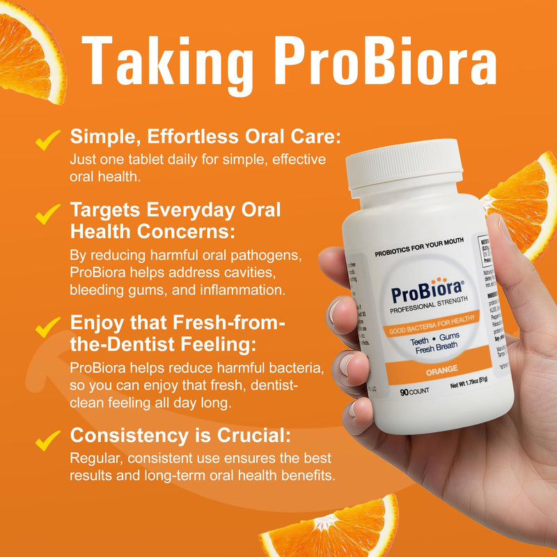 [Australia] - ProBiora Professional Strength Oral Probiotics for Teeth and Gums | Dental Probiotic for Oral Health | Bad Breath Treatment for Adults | Tooth Whitening | ProBiora3 Probiotic Blend | 90 Orange Tablets 