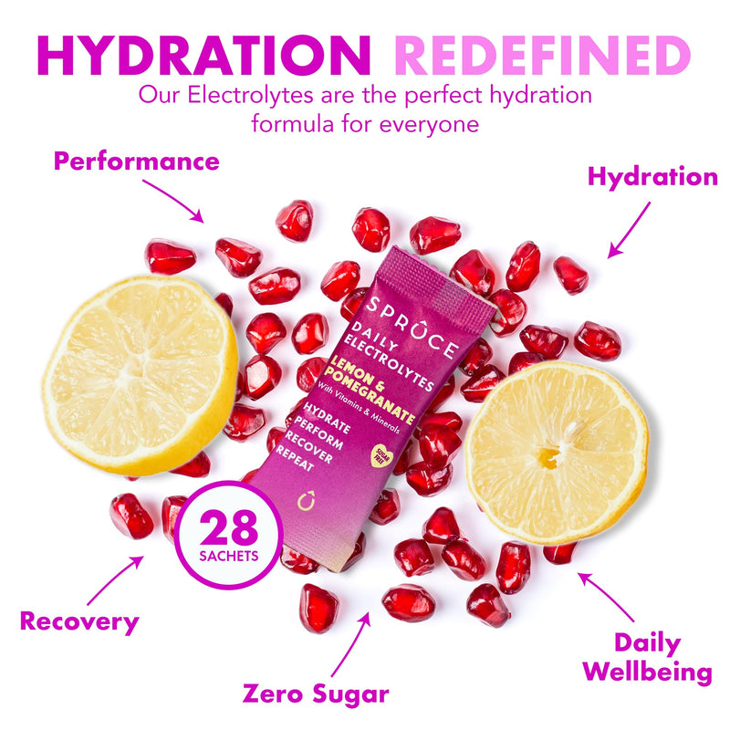 Spruce Daily Electrolytes – Zero Sugar Hydration Sachets with Potassium, Sodium, Magnesium, Vitamins & Minerals for Rehydration & Recovery – Lemon & Pomegranate – 28 Sachets Pack of 28