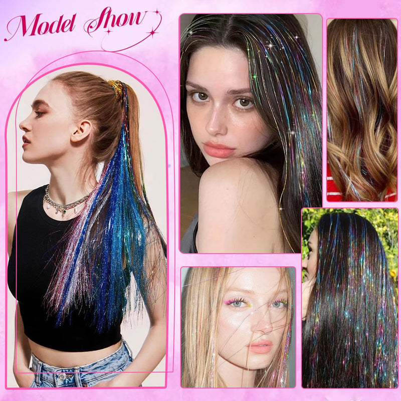 Hair Tinsel Kit (20 Colors, 48 Inch, 7200 Strands) Sparkling Tinsel Hair Extensions with Tools Heat Resistant Shiny Fairy Hair Tinsel Extensions for Women Girls Colorful 20 Colors