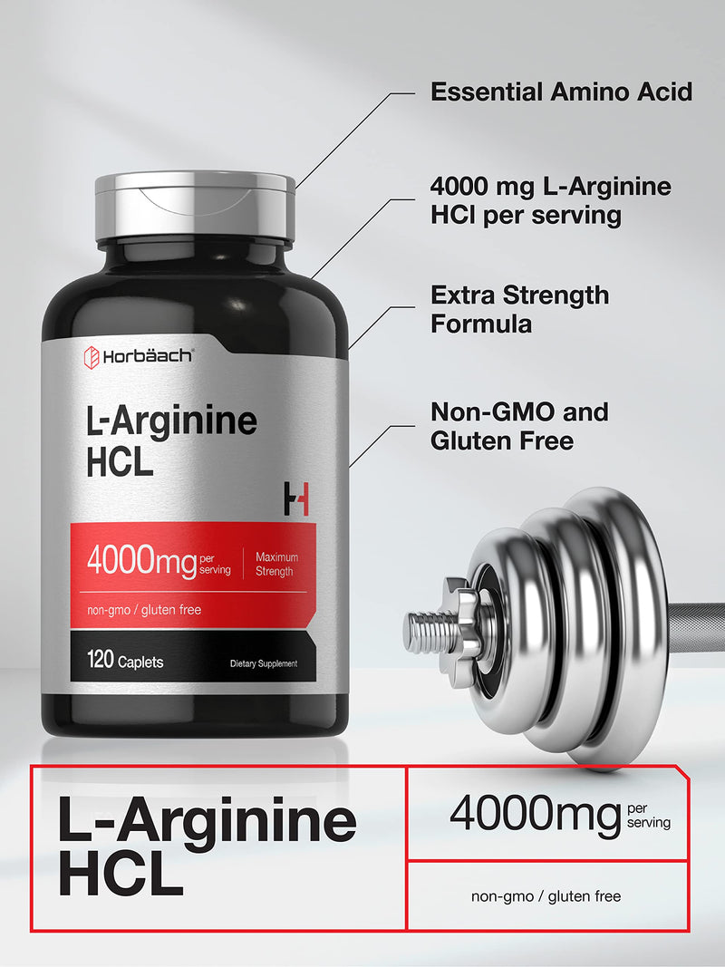 Horbäach L-Arginine 4000mg | 120 Caplets | Maximum Strength Nitric Oxide Precursor | Vegetarian, Non-GMO, Gluten Free Supplement 120 Count (Pack of 1)