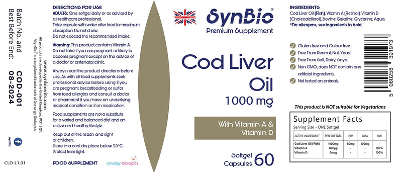 Premium - Cod Liver Oil 1000mg Capsules | 60 Cold Pressed Softgels | with High Strength Vitamin A and Vitamin D | A Naturally Rich Source of EPA and DHA