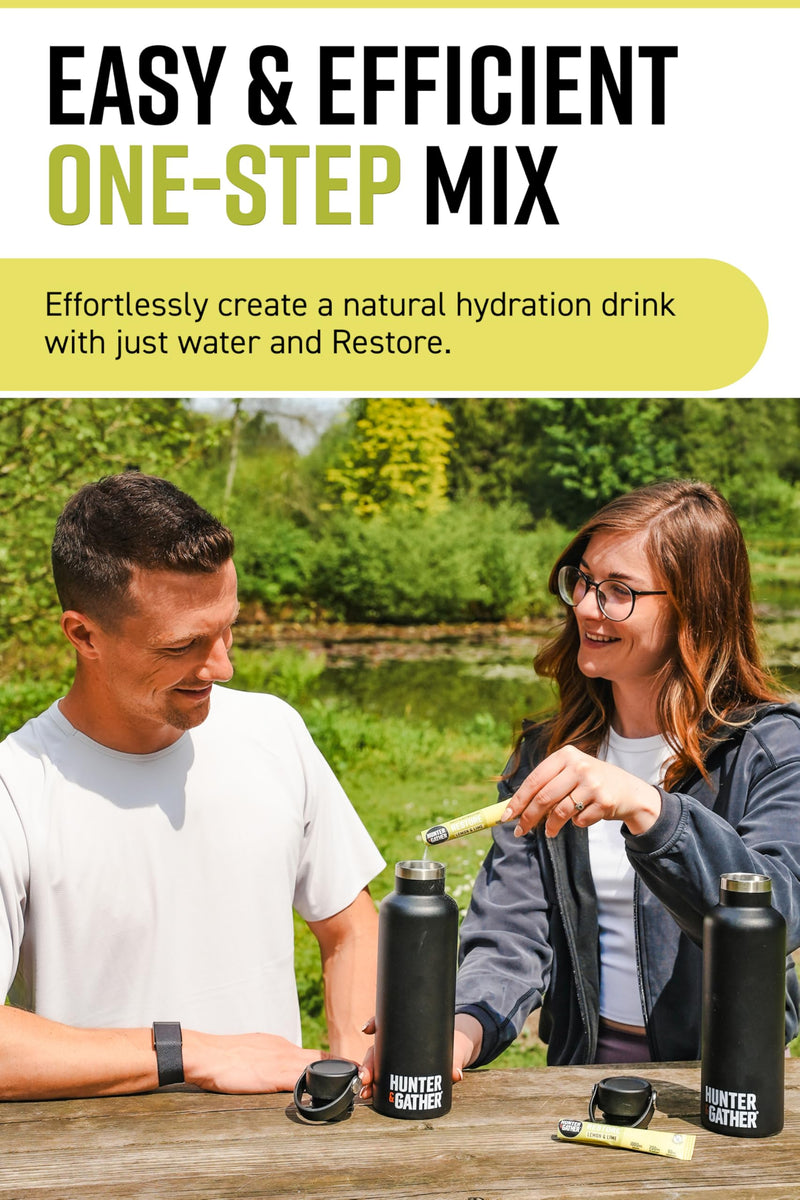 Hunter & Gather Restore Electrolytes Sachets x 30 I No Added Sugar or Artificial Sweeteners I 100% Natural Hydration I Optimal Mineral Ratio with Pink Himalayan Salt I Keto I with Natural Monk Fruit Lemon & Lime