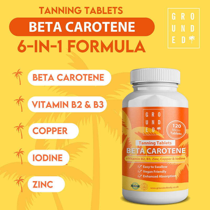 Grounded Beta Carotene Tanning Tablets | 120 Tablets, 4 Month Supply | with Zinc, Vitamin A, B2, B3, Copper & Iodine | High Strength Antioxidant Support | Vegan-Friendly & Made in the UK 120 count (Pack of 1)