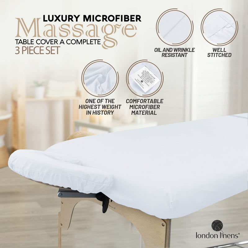 [Australia] - LONDON LINENS Soft Microfiber Massage Table Sheets Set 3 Piece Set - Includes Massage Table Cover, Massage Fitted Sheet, and Massage Face Rest Cover (White) White 