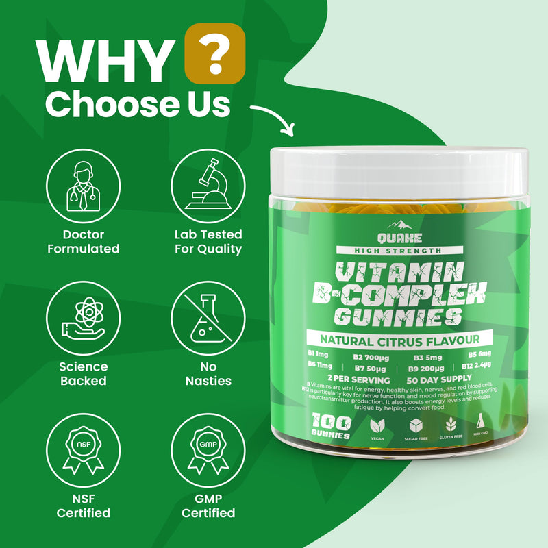 Quake Vitamin B Complex Gummies – High Strength B1, B2, B3, B5, B6, B7, B9 & B12 – Energy & Metabolism Support – Vegan, Sugar Free – Citrus Flavour – 100 Gummies (50 Day Supply)