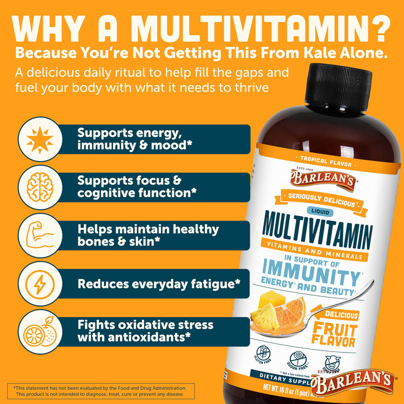 Barlean's Tropical Liquid Multivitamin, 21 Vitamins & Minerals, 16oz | Biotin, B-complex, vitamins C, D3 & K2, Smoothie-like liquid, Non-GMO, Gluten-free, For women, men & kids, Wellness 16 Fl Oz (Pack of 1)