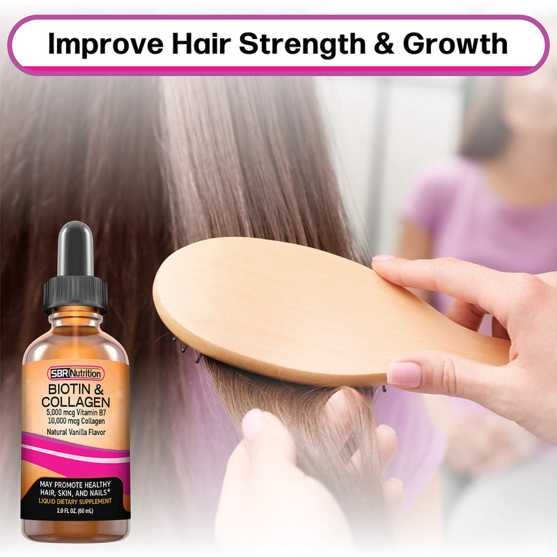SBR Nutrition Biotin and Collagen Liquid Drops Daily Food Supplement, Vitamins for Hair Growth and Thickening, Skin Health and Nail Strength, 2 oz (60mL)