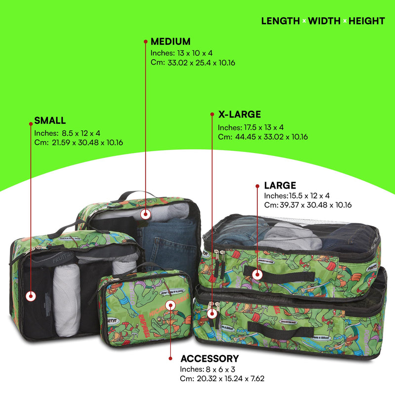 Teenage Mutant Ninja Turtles Packing Cubes - Leonardo, Raphael, Donatello, Michelangelo - TMNT 5 Piece Travel Luggage Organizer Set for Kids Teens Adults