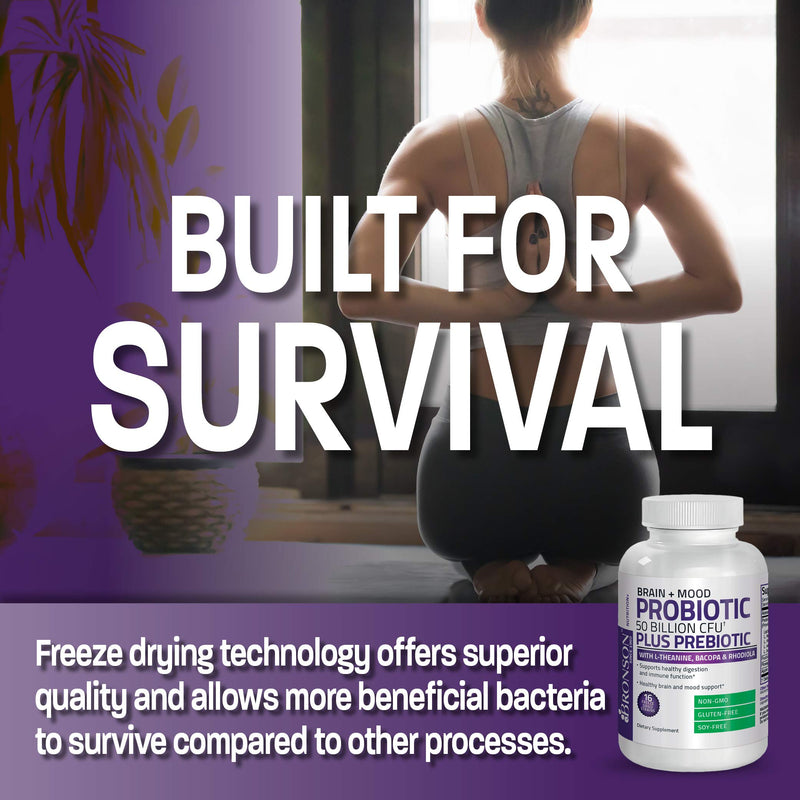 Bronson Brain + Mood Probiotic 50 Billion CFU + Prebiotic, 60 Capsules | 16 Freeze-Dried Strains with L-Theanine, Bacopa & Rhodiola, Digestive & Immune Support, Non-GMO, Gluten-Free & Soy-Free