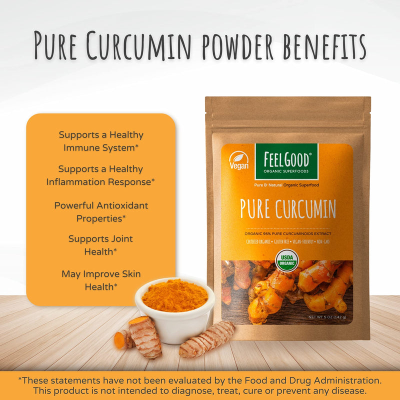 [Australia] - FeelGood Organic Superfoods Pure Curcumin Powder, Organic, Non-GMO, Vegan from Bulk Ground Turmeric Root from India, Curcuma Longa Joint Supplement, 5 oz 