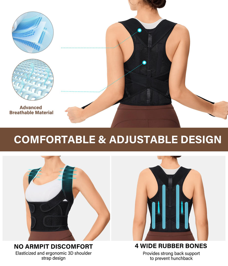 URSEXYLY Back Brace Posture Corrector for Women Breathable Posture Brace Adjustable Full Back Support Brace,Upper and Lower Back Pain Relief(Large,Black) Large Black