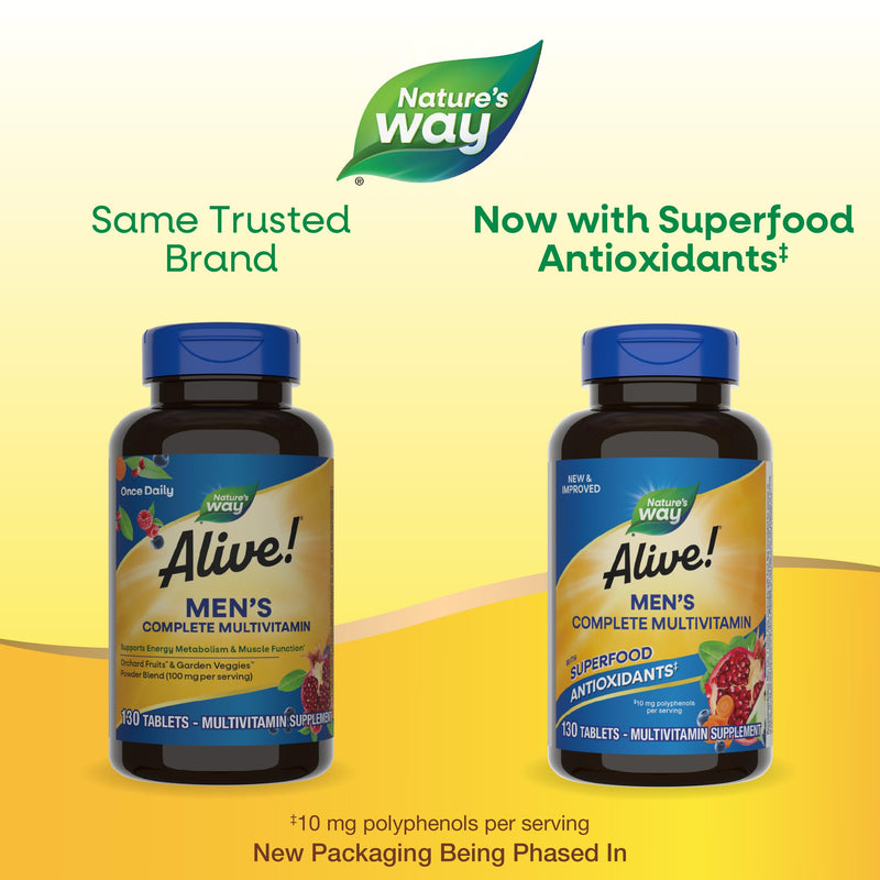 Nature's Way Alive! Men's Complete Daily Multivitamin, Supports Energy Metabolism & Muscle Function*, with B-Vitamins, Gluten Free, 130 Tablets (Packaging May Vary) (Pack of 2) 130 Count (Pack of 2)