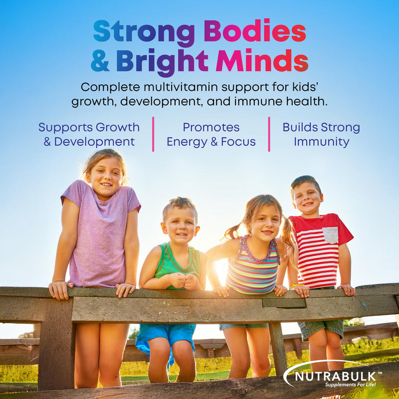 NutraBulk Children’s Chewable Multi-Vitamins - Promoting Kids' Overall Development - USA-Made, May Help to Support Immune, Bone, Brain & Overall Well Being- Vegan & Gluten Free - 250 Cherry Tablets | Fun Animal Shapes & Fruity Flavors, No Artificial Dy...