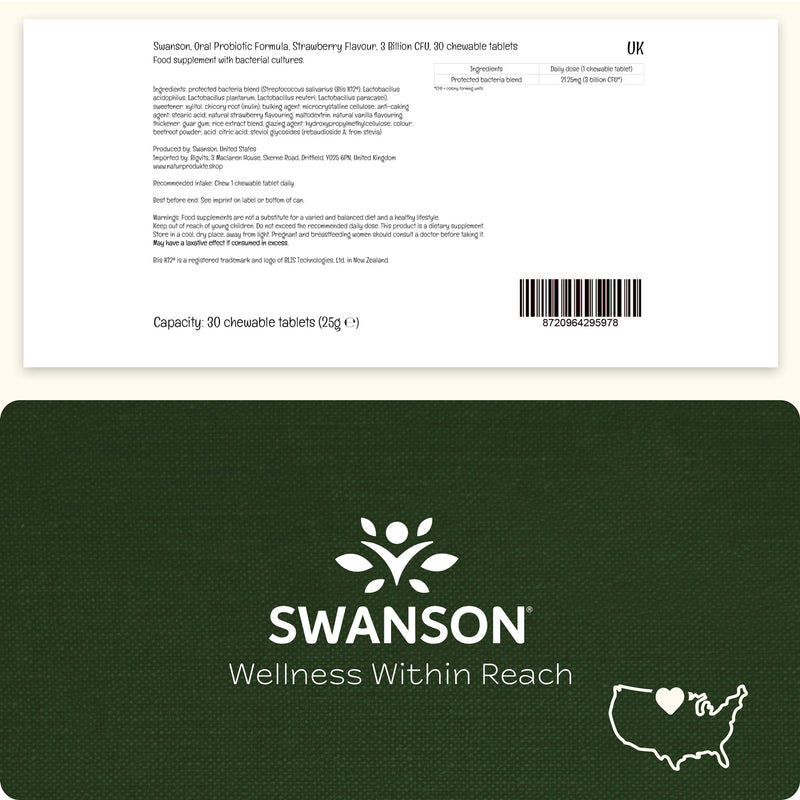 Swanson, Oral Probiotic Formula, 3 Billion Bacterial Cultures, Strawberry Flavour, 30 chewable Tablets, Soy-Free, Gluten-Free, GMO-Free
