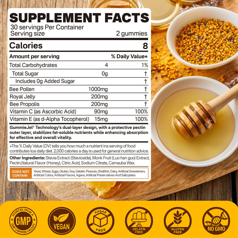 [Australia] - Bee Pollen Organic 1000mg, w/Propolis, Royal Jelly, Sugar Free Bee Pollen Gummies Rich in B-Vitamin, Antioxidants, Amino Acids, Bee Pollen Supplement for Energy, Skin & Immune (1 Pack) 60 Count (Pack of 1) 