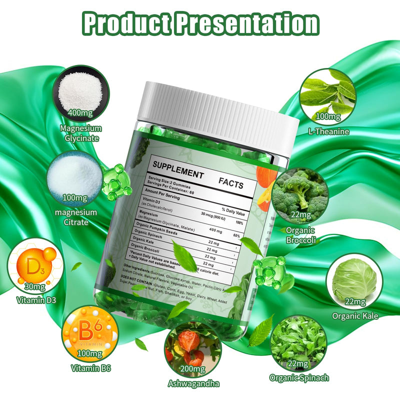 [Australia] - Magnesium Glycinate Gummies 400mg Supplements with Magnesium Malate & Taurate | Vitamin D3 Spinach | Kale | Broccoli 