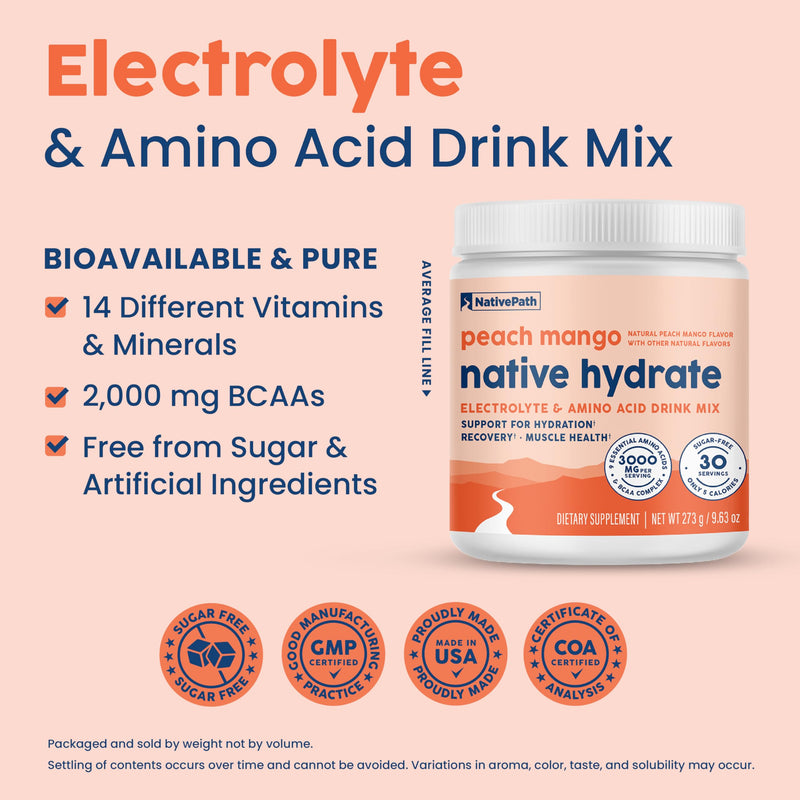[Australia] - NativePath Native Hydrate, Zero Sugar, Electrolytes Powder with BCAAs, Peach Mango Hydration, Keto & Paleo Friendly, 30 Servings 