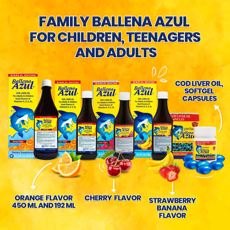 Ballena Azul Aceite de Hígado de Bacalao para Adultos y Niños, COD Liver Oil for Adults and Children, Good Source of Vitamins A,D,E, B1, Omega 3, Orange Flavor