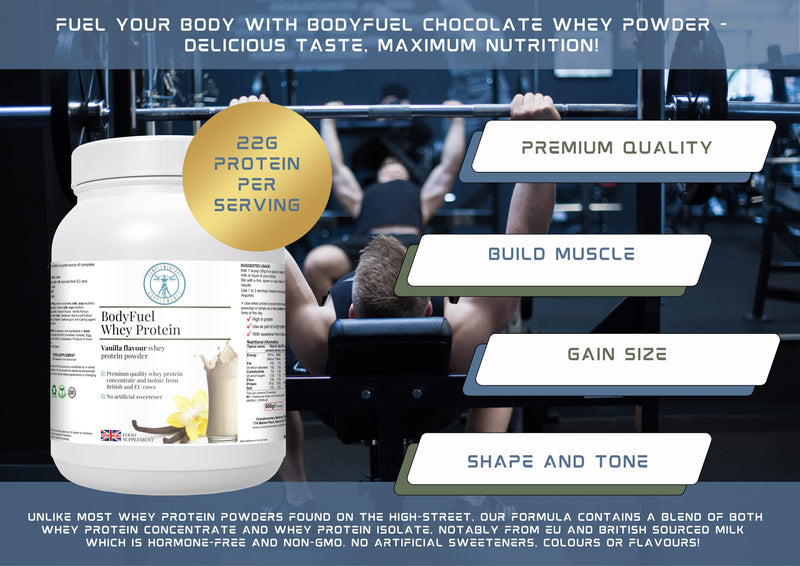 BodyFuel Whey Protein Isolate & Concentrate Vanilla Flavour – NO Artificial Sweeteners - NO GMOs - Vegetarian, 600g powder