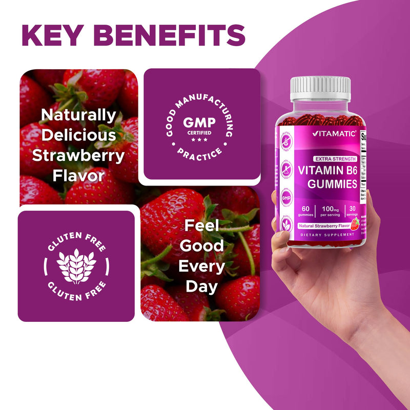 Vitamatic 2 Packs Vitamin B6 100mg Gummies – Natural Strawberry Flavor – 60 Pectin-Based Gummies per Bottle – Nervous System & Energy Support 120 Count (Pack of 1)