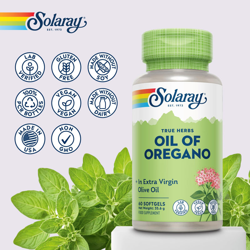 Solaray Oil of Oregano 150mg - 60 Vegan Softgels - Natural Source of Omega 3 & 6 Fatty Acids - High Strength Supplement with Extra Virgin Olive Oil for Gentle Digestion - Lab Verified