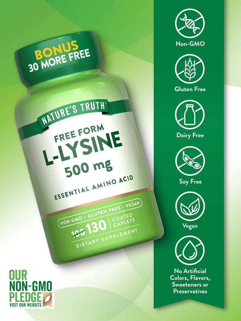 [Australia] - Nature's Truth L-Lysine 500mg | 130 Caplets | Free Form | Essential Amino Acid | Non-GMO & Gluten Free Supplement 