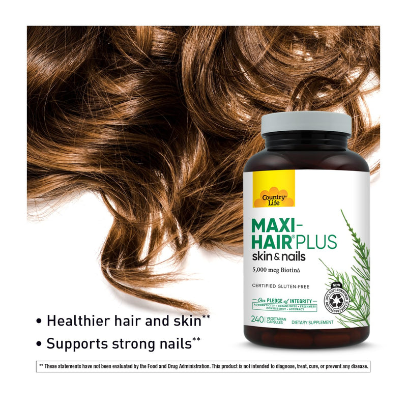 Country Life Maxi-Hair Plus 5000 mcg Biotin, 240 Vegetarian Capsules | Supports healthier-looking skin and strands plus strong nails from within