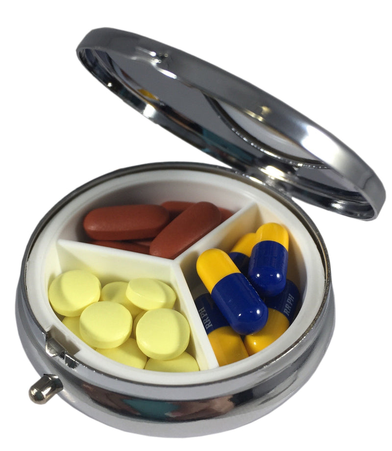 Basketball Round 3-Compartment Chrome Pill Box – Metal Travel Medicine Organizer for Pills, Vitamins, and Small Items – Durable Compact Pill Case